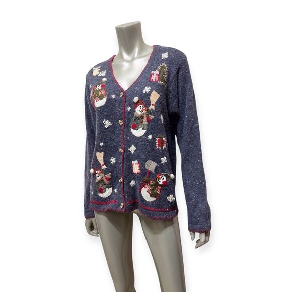 Vintage 90s Christmas Cardigan Sweater Medium Snowmen Blue Speckled Angora Tree - Picture 11 of 12